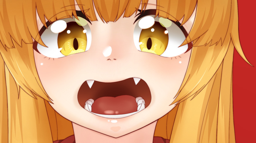 1girl blunt_bangs blush bow commentary_request fangs highres ibuki_suika kurohiba long_hair looking_at_viewer open_mouth orange_hair red_bow sidelocks simple_background solo teeth textless_version tongue touhou upper_body variant_set yellow_eyes