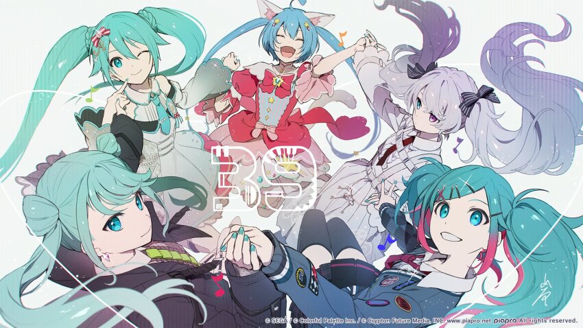 25-ji_miku 25-ji_nightcord_de._(project_sekai) 39 5girls ahoge animal_ears aqua_eyes aqua_hair aqua_nails aqua_necktie armpit_crease back_bow bare_shoulders beads belt black_jacket black_ribbon black_shirt black_skirt black_thighhighs blue_cardigan blue_gemstone blue_hair bow brooch buttons cardigan cat_ears cat_tail center_frills checkered_clothes clenched_teeth closed_eyes closed_mouth collared_dress collared_shirt colored_tips commentary_request detached_sleeves diamond_earrings dot_nose dress dress_shirt earrings eighth_note empty_eyes expressionless fangs finger_to_own_chin fingernails flat_chest floral_print frills gear_print gem gem_hair_ornament glint gradient_sleeves grey_dress grey_hair hair_between_eyes hair_ornament hair_ribbon hair_rings hairclip hand_up hatsune_miku heart heart_ahoge heterochromia high_collar highres holding_hands index_finger_raised iwato1712 jacket jewelry juliet_sleeves key leo/need_(project_sekai) leo/need_miku letter_hair_ornament light_particles long_hair long_skirt long_sleeves looking_at_viewer miku_day more_more_jump!_(project_sekai) more_more_jump!_miku multicolored_hair multiple_girls multiple_persona musical_note nape necktie off-shoulder_dress off_shoulder official_art one_eye_closed open_mouth paperclip paperclip_hair_ornament parted_lips patch pearl_(gemstone) pink_dress pink_gemstone pink_hair pink_necktie pink_ribbon plaid_clothes plaid_skirt pleated_skirt polka_dot polka_dot_shirt project_sekai puffy_short_sleeves puffy_sleeves purple_eyes ribbon roman_numeral second-party_source shirt short_sleeves sidelocks silver_trim simple_background single_horizontal_stripe single_vertical_stripe skirt smile star_(symbol) star_brooch star_button star_hair_ornament streaked_hair striped_ribbon suspender_skirt suspenders swept_bangs tail teeth thighhighs tie_clip toggles tsurime twintails two-tone_hair very_long_hair vivid_bad_squad_(project_sekai) vivid_bad_squad_miku vocaloid white_background white_belt white_shirt white_skirt wide_sleeves wonderlands_x_showtime_(project_sekai) wonderlands_x_showtime_miku x_hair_ornament zettai_ryouiki