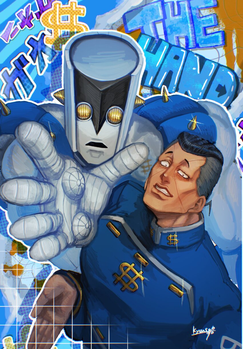 1boy 1other black_eyes black_hair blue_gakuran character_name cheekbones commentary compound_eyes diamond_wa_kudakenai dollar_sign english_commentary facial_mark foreshortening grey_hair highres jojo_no_kimyou_na_bouken kyouso_m looking_at_viewer male_focus multicolored_hair nijimura_okuyasu pompadour school_uniform signature sparkle spikes stand_(jojo) teeth the_hand_(stand) two-tone_hair undercut yellow_eyes