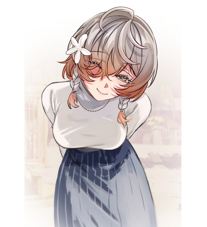 1girl absurdres arms_behind_back braid breasts brown_eyes commentary english_commentary flower hair_between_eyes hair_flower hair_ornament hair_over_one_eye half-closed_eye highres ive_(iveith) jewelry klara_charmwood large_breasts leaning_forward light_brown_hair medium_hair necklace nijisanji nijisanji_en one_eye_closed skirt smile solo triple_ahoge twin_braids virtual_youtuber