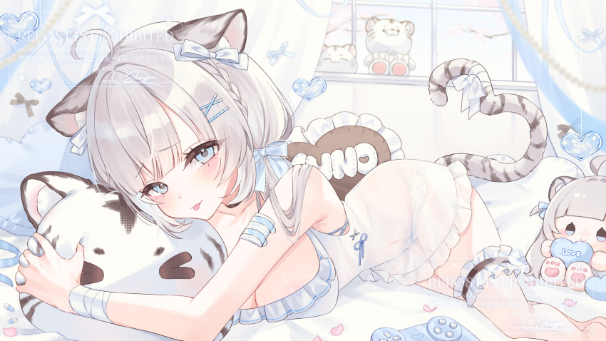 1girl ahoge blue_eyes blush breasts commentary_request dress frilled_dress frilled_thigh_strap frills gauze gauze_on_arm grey_hair hair_ornament heart heart-shaped_pillow highres holding holding_stuffed_toy large_breasts long_hair looking_at_viewer lying on_stomach original parted_bangs pillow short_dress smile solo stuffed_animal stuffed_toy thigh_strap tongue tongue_out white_dress x_hair_ornament yu_o015