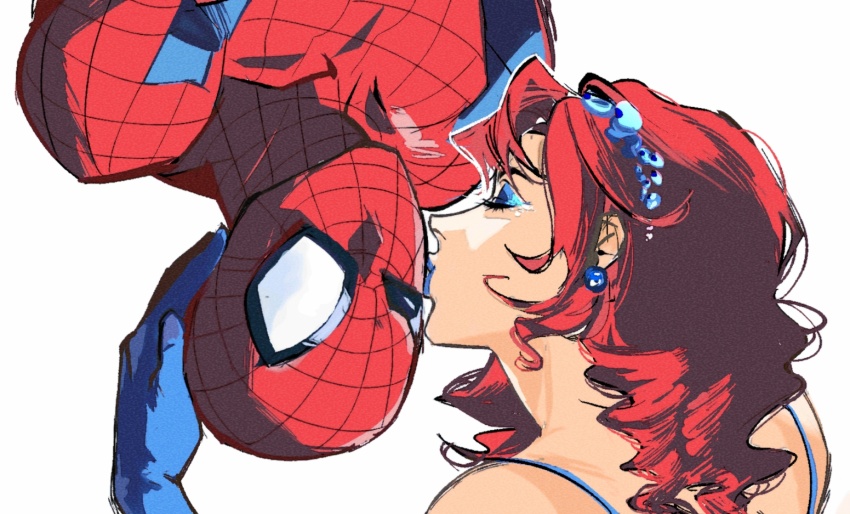 1boy 1girl bare_shoulders blue_bodysuit blue_eyeshadow blue_gloves blue_hairband blue_lips bodysuit chinese_commentary closed_eyes closed_mouth couple covered_collarbone drill_hair eyeshadow gloves hairband hand_on_another&#039;s_head hand_up hetero highres kiss kissing_cheek long_hair lun_chuan_weizhi makeup marvel mary_jane_watson one_eye_closed red_bodysuit red_hair simple_background spider-man spider-man_(series) spider_web_print superhero_costume two-tone_bodysuit upper_body upside-down white_background