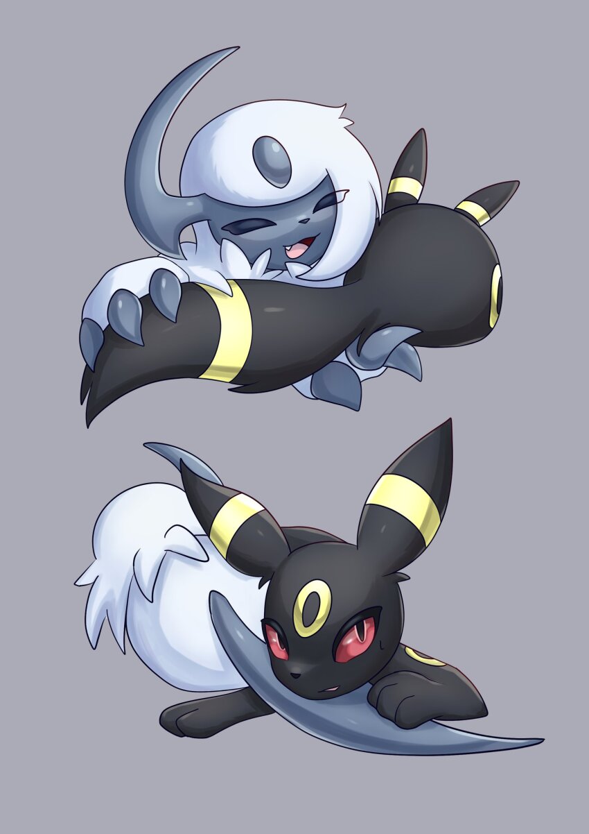 absol black_eyes claws colored_sclera fang forehead_jewel gen_2_pokemon gen_3_pokemon grey_background highres horns nintendo no_humans open_mouth pokemon pokemon_(creature) red_sclera simple_background single_horn smile soruva_359 umbreon