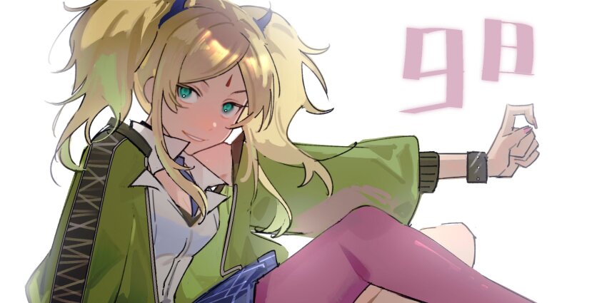 1girl akningovo aqua_eyes blonde_hair countdown eiyuu_densetsu facial_mark forehead_mark highres kai_no_kiseki kuro_no_kiseki_(series) nail_polish pantyhose parted_bangs pink_pantyhose simple_background sitting smile solo teeth twintails ulrica_(eiyuu_densetsu) white_background