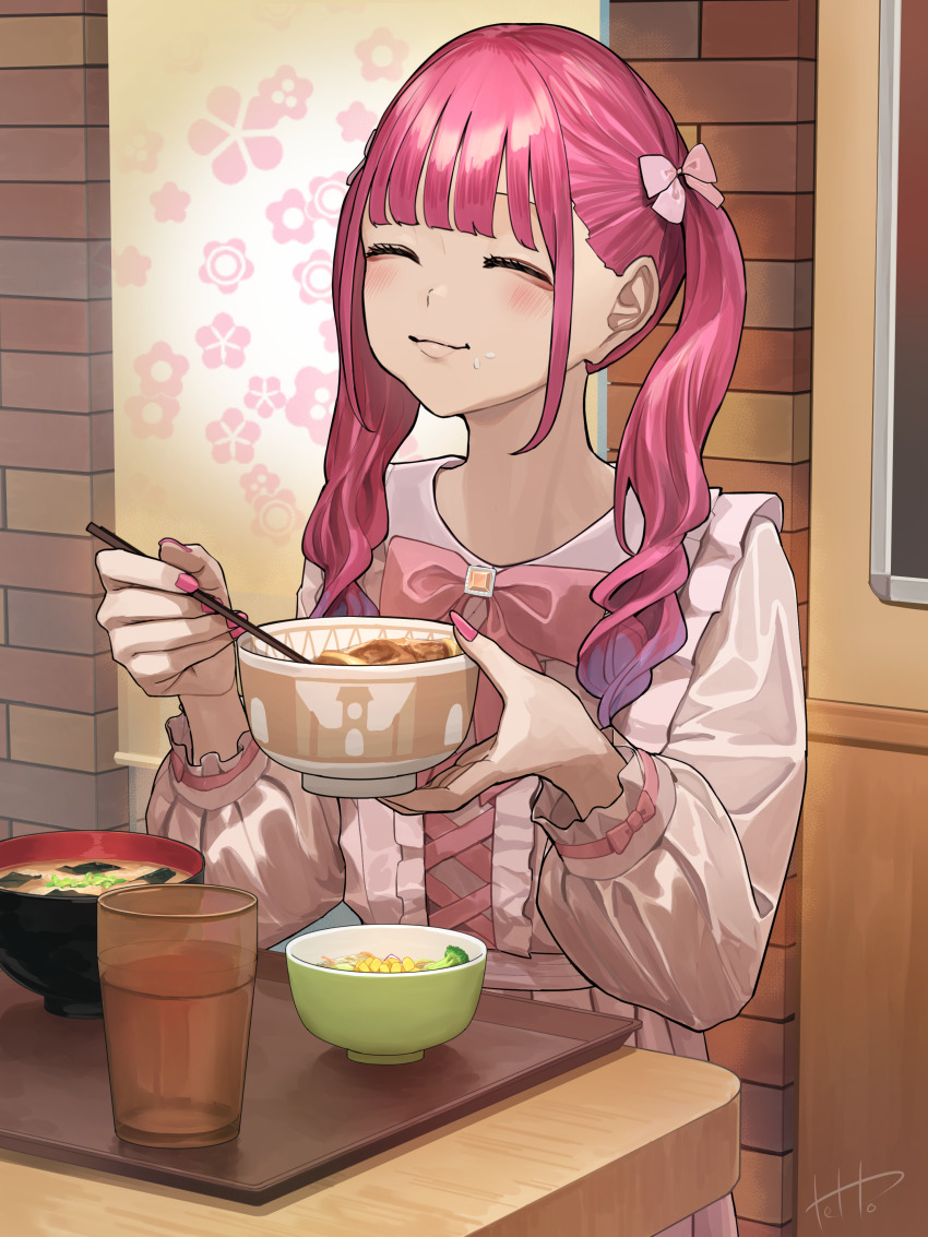 1girl absurdres aegyo_sal blush bow bowl broccoli chopsticks closed_eyes commentary_request eating food food_on_face hair_bow highres hinamizawa_hinami_(tetto) holding holding_bowl holding_chopsticks long_hair long_sleeves miso_soup original pink_bow pink_hair pink_shirt pink_skirt pleated_skirt rice shirt skirt smile solo tetto_(onnoveltet) twintails