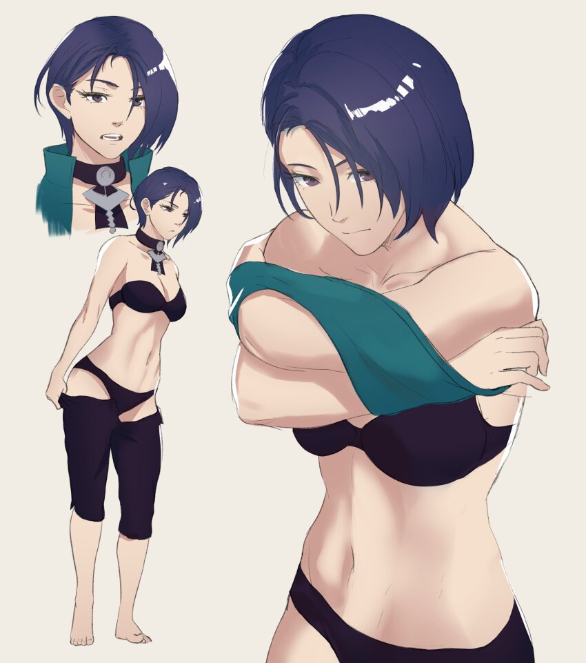 1girl absurdres bare_arms bare_shoulders barefoot black_bra black_panties black_pants blue_hair bra breasts choker cleavage collarbone commentary fire_emblem fire_emblem:_three_houses full_body highres large_breasts medium_breasts multiple_views navel nintendo panties pants pomelomelon purple_eyes shamir_nevrand short_hair surprised underwear undressing