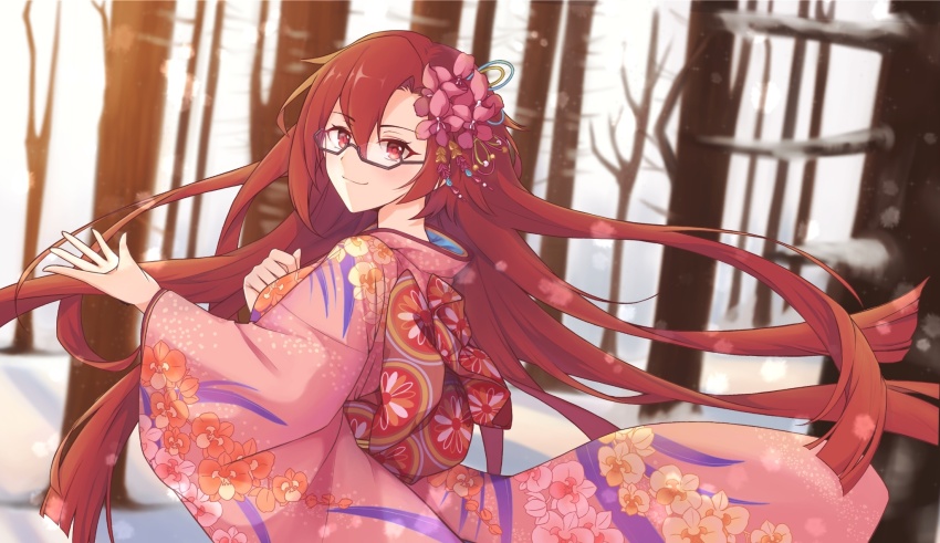 1girl altheavin floating_hair floral_print flower glasses hair_flower hair_ornament highres japanese_clothes kimono labyrista_(princess_connect!) labyrista_(real)_(princess_connect!) long_sleeves looking_at_viewer outdoors pink_kimono princess_connect! red_eyes red_hair smile snow solo tree wind
