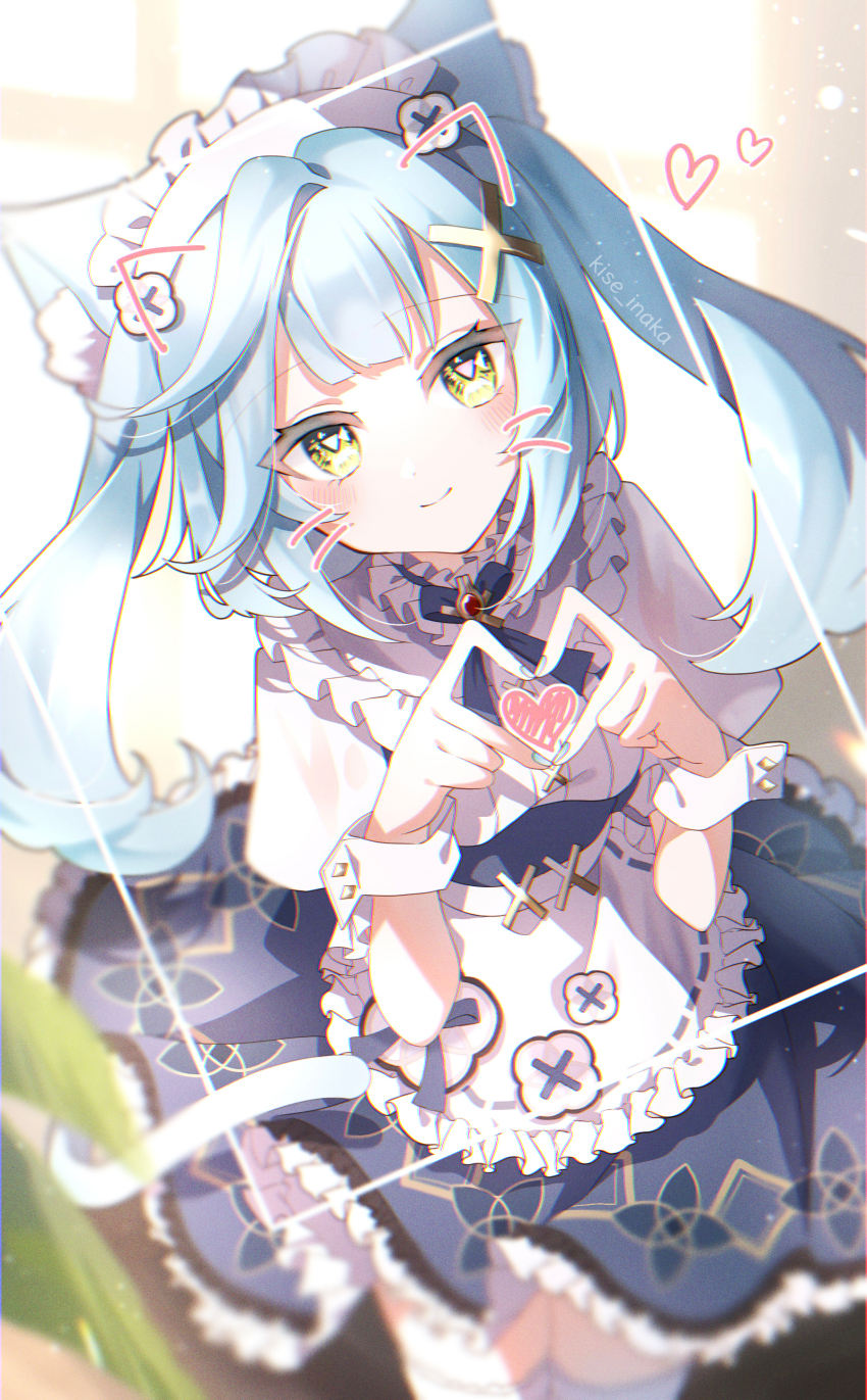 1girl four-finger_heart_hands absurdres animal_ear_fluff animal_ears apron aqua_hair aqua_nails artist_name blue_dress blush cat_ears cat_girl cat_tail commentary_request dress faruzan_(genshin_cafe_in_seoul)_(genshin_impact) faruzan_(genshin_impact) genshin_impact hair_ornament hands_up heart heart_hands highres kise_inaka leaf long_hair looking_at_viewer maid_apron maid_headdress nail_polish official_alternate_costume puffy_short_sleeves puffy_sleeves short_sleeves smile solo symbol-shaped_pupils tail triangle-shaped_pupils twintails white_apron white_wrist_cuffs wrist_cuffs x_hair_ornament yellow_eyes