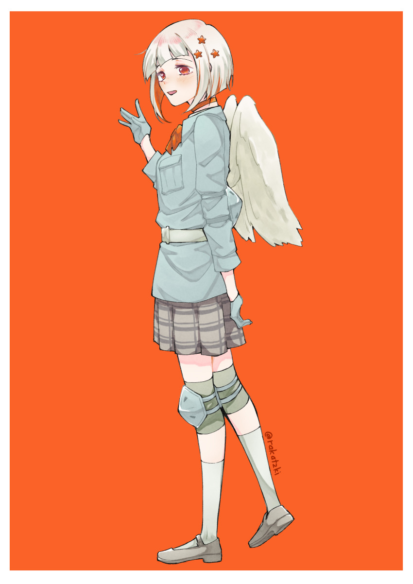 1girl :d absurdres alternate_hair_color angel_wings arm_at_side blue_gloves blue_jacket blush bob_cut border bow bowtie brown_shoes choker colored_inner_hair commentary cosplay diagonal_bangs full_body gloves grey_hair grey_skirt hair_ornament hand_up highres inverted_bob jacket knee_pads link!_like!_love_live! long_sleeves looking_at_viewer love-bullet love_live! mary_janes miniskirt multicolored_hair open_mouth orange_background orange_bow orange_bowtie orange_choker orange_hair plaid_clothes plaid_skirt pleated_skirt rakatzki red_eyes shoes short_hair simple_background skirt smile socks solo star_(symbol) star_hair_ornament streaked_hair twitter_username white_border white_socks white_wings wings yugiri_tsuzuri