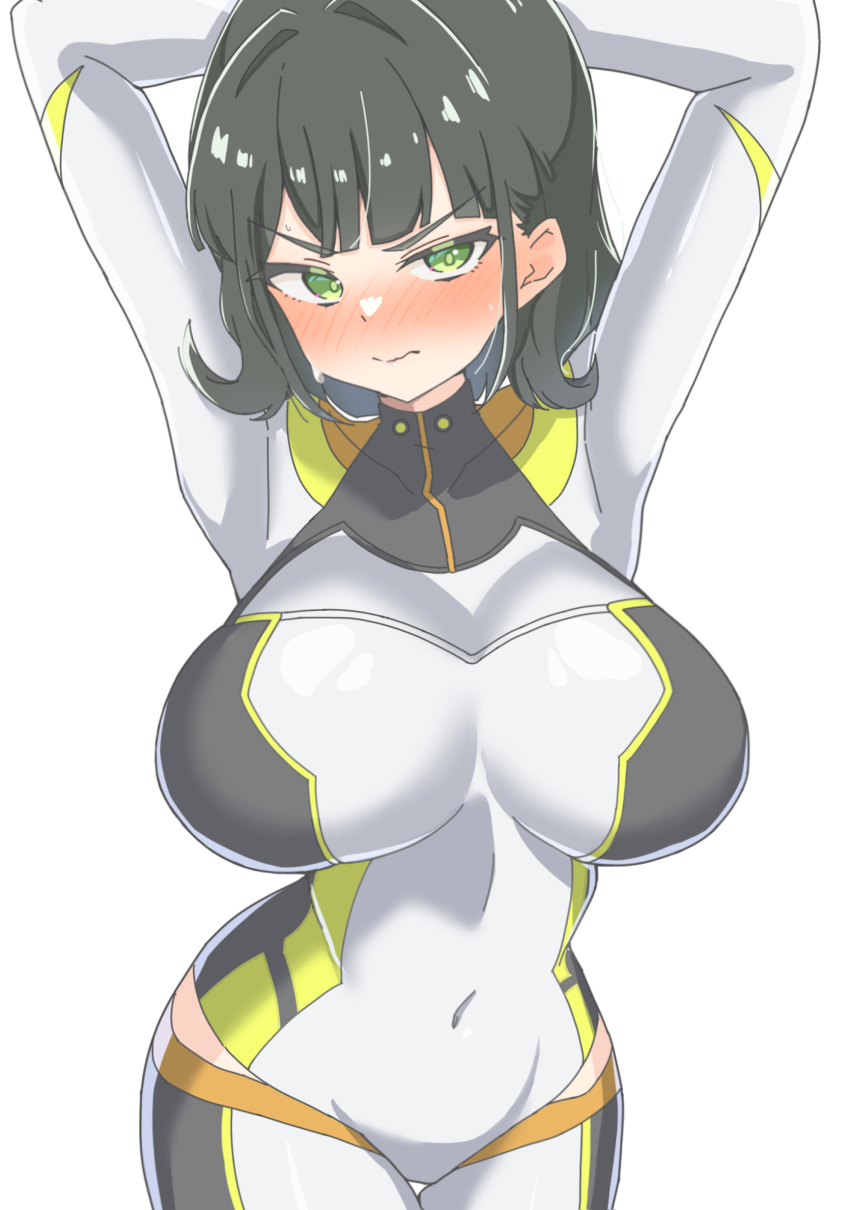 1girl absurdres arms_up black_hair blunt_bangs blush bob_cut bodysuit breasts commentary cosplay covered_navel cowboy_shot embarrassed flipped_hair green_eyes grey_bodysuit highres hip_vent huge_breasts link!_like!_love_live! long_sleeves looking_at_viewer love_live! momose_ginko nose_blush official_alternate_costume rokoroko_65 short_hair simple_background skin_tight solo standing v-shaped_eyebrows virtual_youtuber white_background