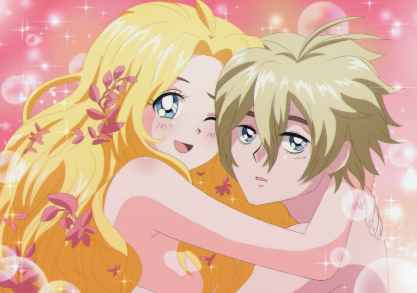 1boy 1girl :d ;d adam_(mythology) adam_(shuumatsu_no_valkyrie) blonde_hair blue_eyes blush breasts brenni_murasaki couple eve_(mythology) eve_(shuumatsu_no_valkyrie) hair_between_eyes hetero hug long_hair looking_at_viewer nude one_eye_closed open_mouth petals short_hair shuumatsu_no_valkyrie smile the_bible upper_body very_long_hair