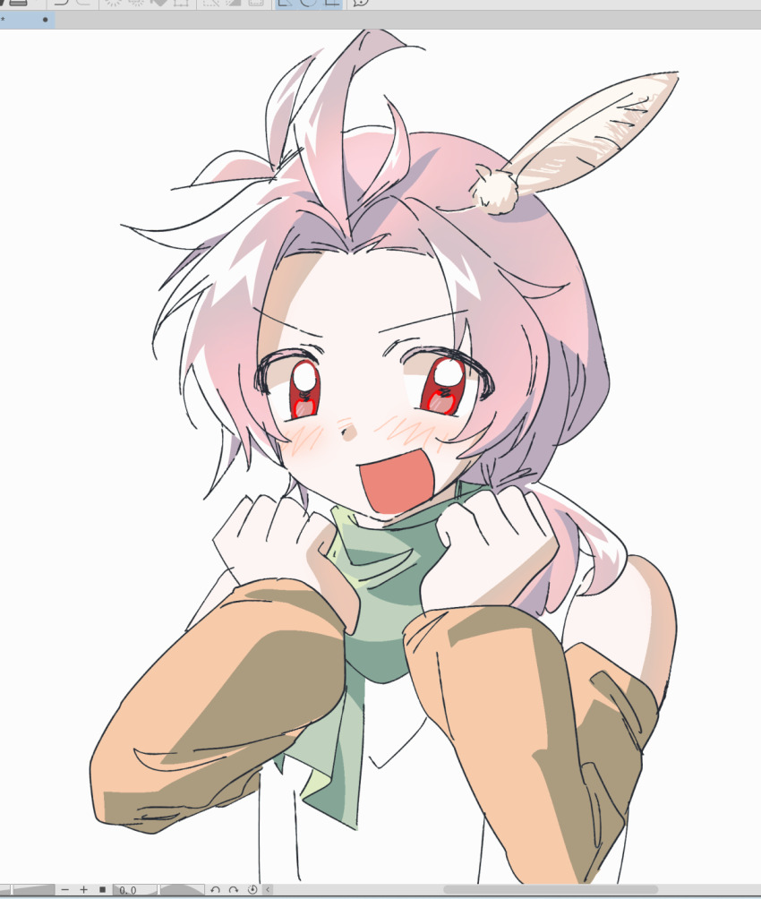 1boy :d ahoge art_program_in_frame chinese_commentary commentary_request curtained_hair detached_sleeves dita_iliner feather_hair_ornament feathers green_scarf hair_ornament highres male_focus medium_hair naokotoysk open_mouth parted_bangs pink_hair red_eyes saibou_shinkyoku scarf shirt sleeveless sleeveless_shirt smile solo upper_body v-shaped_eyebrows white_shirt yellow_sleeves