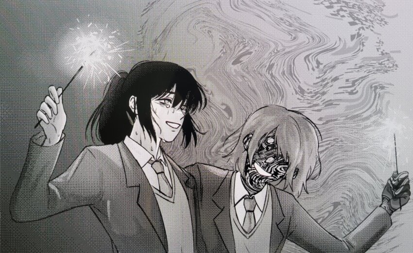 2girls arm_around_back black_hair censored censored_identity coat collared_shirt crying crying_with_eyes_open distortion dokjasepilogue fireworks glitch greyscale grin head_tilt high_ponytail highres holding holding_fireworks lee_jihye monochrome multiple_girls na_bori necktie omniscient_reader&#039;s_viewpoint ponytail school_uniform shirt short_hair smile sparkler tears upper_body vest