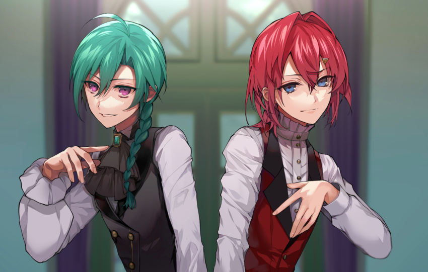 1girl 1other ahoge ange_katrina ascot black_ascot black_vest blue_eyes blurry blurry_background closed_mouth commentary_request crossed_bangs curtains door dress_shirt flat_chest frilled_shirt_collar frills gem green_gemstone green_hair grin hair_between_eyes hair_intakes hair_over_shoulder hand_up high_collar indoors lapels light_smile lips long_bangs long_hair long_sleeves looking_at_viewer low-braided_long_hair low-tied_long_hair medium_hair nijisanji notched_lapels official_alternate_costume official_art puffy_long_sleeves puffy_sleeves purple_eyes red_hair red_vest ryuushen shirt side_part sleeves_past_wrists smile symmetry tcb upper_body vest virtual_youtuber waistcoat white_shirt wolf_cut