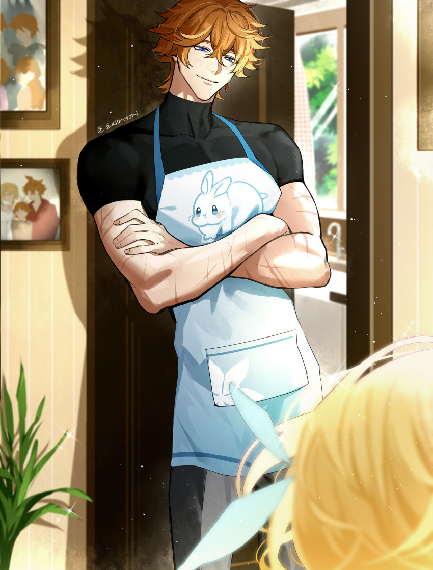 1boy 1girl alternate_costume apron black_shirt blonde_hair blue_eyes blurry blurry_background cowboy_shot crossed_arms eriimyon flower genshin_impact hair_between_eyes hair_flower hair_ornament highres indoors leaning_back looking_at_viewer male_focus orange_hair picture_frame scar scar_on_arm shirt short_hair short_sleeves smile solo_focus tartaglia_(genshin_impact) toned toned_male white_apron