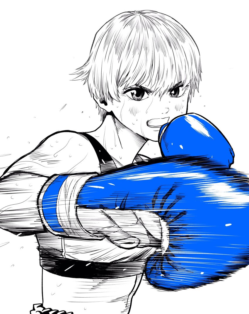 abs blonde_hair boxing boxing_gloves boxing_shorts exercising greyscale highres lee_(dragon_garou) light_blush long_eyelashes midriff monochrome motion_blur motion_lines mouth_guard open_mouth original punching short_hair shorts sports_bra sweat tomboy white_background