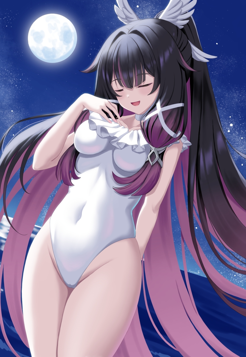 1girl absurdres alternate_costume arm_behind_back black_hair blush breasts closed_eyes columbina_(genshin_impact) commentary_request covered_navel full_moon fuyunash1 genshin_impact hair_ornament hand_up highres long_hair medium_breasts moon night night_sky one-piece_swimsuit open_mouth outdoors purple_hair sky solo swimsuit very_long_hair white_one-piece_swimsuit wing_hair_ornament
