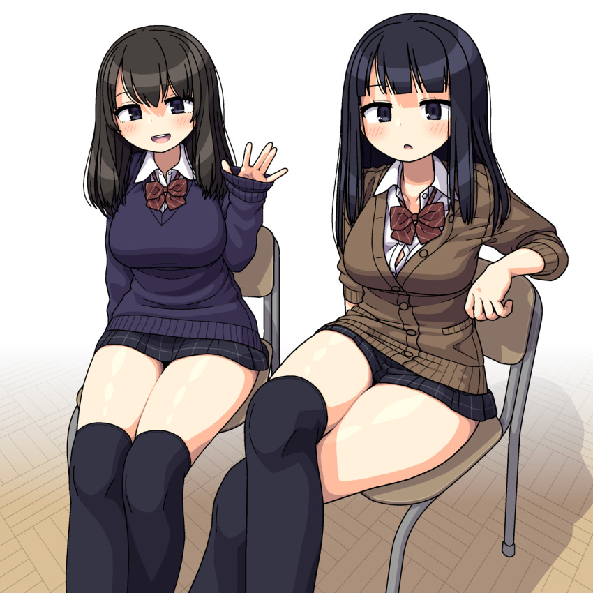 2girls :d :o black_hair blunt_bangs blush bow bowtie breasts brown_cardigan brown_hair cardigan collarbone crossed_legs fox_shadow_puppet hair_between_eyes highres large_breasts legs_together long_hair long_sleeves looking_at_viewer maruput microskirt multiple_girls on_chair open_mouth original over-kneehighs parted_lips purple_eyes purple_sweater red_bow red_bowtie school_uniform sitting skirt sleeves_past_wrists smile sweater thighhighs thighs waving ||/