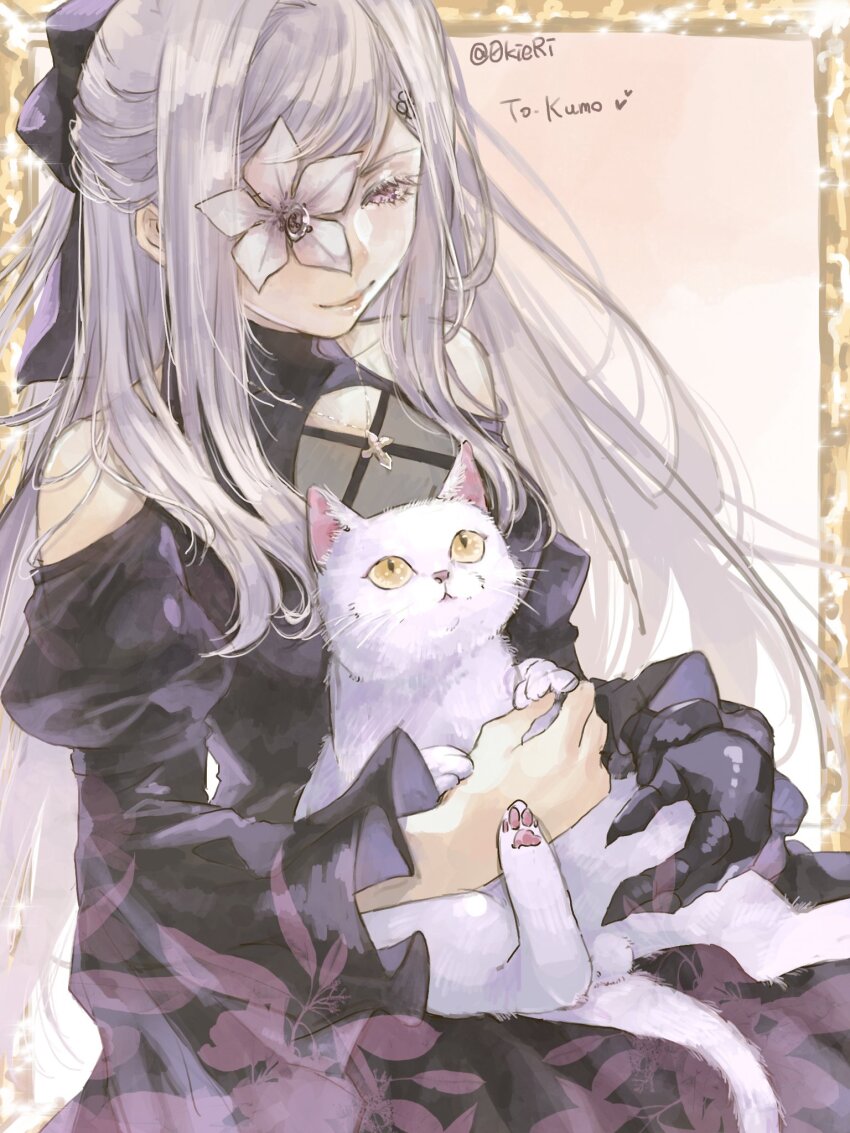 0kieri 1girl animal bare_shoulders black_dress border cat clothing_cutout collarbone commission commissioner_name cross cross_necklace drag-on_dragoon drag-on_dragoon_3 dress flower flower_in_eye half_updo highres holding holding_animal jewelry juliet_sleeves long_sleeves lunar_tear necklace pink_background pink_eyes puffy_sleeves second-party_source shoulder_cutout sitting skeb_commission solo symbol_in_eye twitter_username upper_body white_cat white_flower white_hair wide_sleeves yellow_border zero_(drag-on_dragoon)