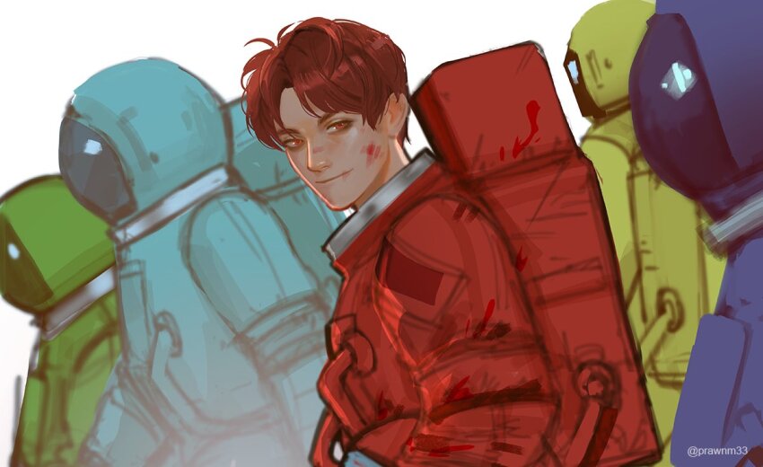 1boy 4others among_us blood blood_on_face closed_mouth commentary cyan_(among_us) english_commentary green_(among_us) helmet looking_to_the_side male_focus mistermagnolia multiple_others purple_(among_us) red_(among_us) red_eyes red_hair sideways_glance simple_background smile space_helmet spacesuit upper_body white_background yellow_(among_us)