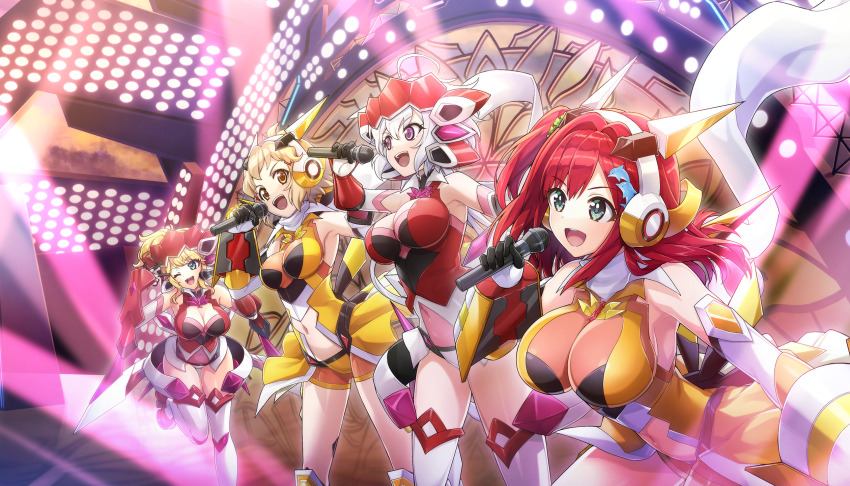 ahoge blonde_hair bodysuit breasts brown_hair cleavage clothing_cutout concert cosplay dolphin_hair_ornament dolphin_wave green_eyes green_scrunchie hair_ornament hair_scrunchie hairclip headgear highres holding holding_microphone izumi_kiri large_breasts leotard long_hair low_twintails medium_breasts medium_hair microphone non-web_source official_art one_eye_closed one_side_up ootomo_takuji open_mouth orange_bodysuit orange_eyes pink_leotard purple_eyes red_hair sakimiya_iruka scrunchie senki_zesshou_symphogear shiny_skin short_hair side_ponytail smile stage stage_lights stomach_cutout tachibana_hibiki_(symphogear) tachibana_hibiki_(symphogear)_(cosplay) twintails yukine_chris yukine_chris_(cosplay)