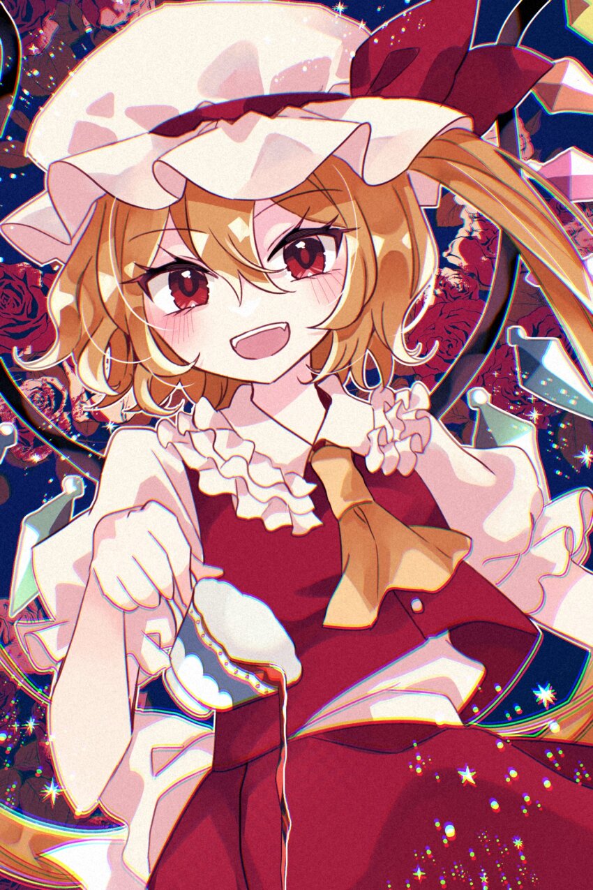 1girl :d ascot blonde_hair blush bow breasts collar commentary_request crystal cup fang flandre_scarlet frilled_collar frills hair_between_eyes hat hat_ribbon highres holding holding_cup katsuragi_atori looking_at_viewer mob_cap multicolored_wings one_side_up open_mouth pouring puffy_short_sleeves puffy_sleeves red_bow red_eyes red_ribbon red_skirt red_vest ribbon shirt short_hair short_sleeves side_ponytail skirt skirt_set small_breasts smile solo spilling standing tea teacup teeth touhou upper_body upper_teeth_only vest white_hat wings yellow_ascot