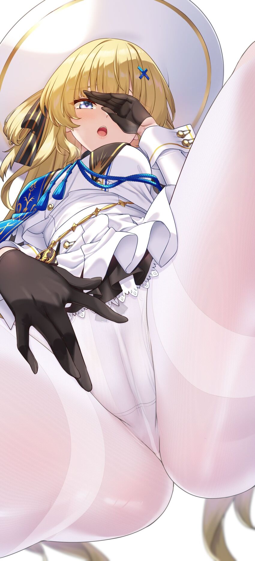 1girl absurdres ass black_gloves blonde_hair breasts commentary_request from_below gloves hair_ornament hat highres long_hair long_sleeves looking_at_viewer looking_down medium_breasts open_mouth pantyhose phoebe_(wuthering_waves) purple_eyes shirokuma_a shirt solo teeth thighband_pantyhose tongue upper_teeth_only white_hat white_pantyhose white_shirt wuthering_waves x_hair_ornament