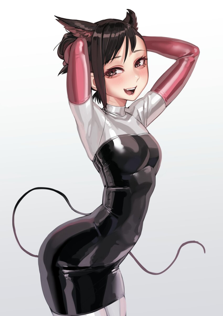 1girl :d absurdres adjusting_hair animal_ears arched_back armpits arms_up blush brown_eyes brown_hair fur highres kilye_kairi latex looking_at_viewer open_mouth original simple_background skin_tight smile solo white_background