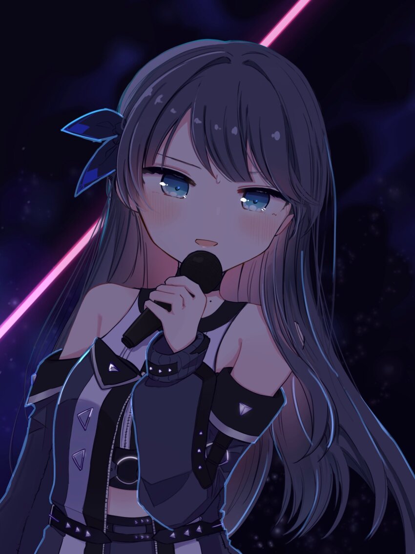 1girl :d ampere_(love_live!) armpits bare_shoulders black_background blue_coat blue_eyes blue_hair blush coat commentary hair_intakes half_updo highres holding holding_microphone icegreentea29 link!_like!_love_live! long_hair looking_at_viewer love_live! microphone midriff mole mole_on_neck murano_sayaka off-shoulder_coat off_shoulder official_alternate_costume open_clothes open_coat open_mouth shirt sleeveless sleeveless_shirt smile solo virtual_youtuber white_shirt