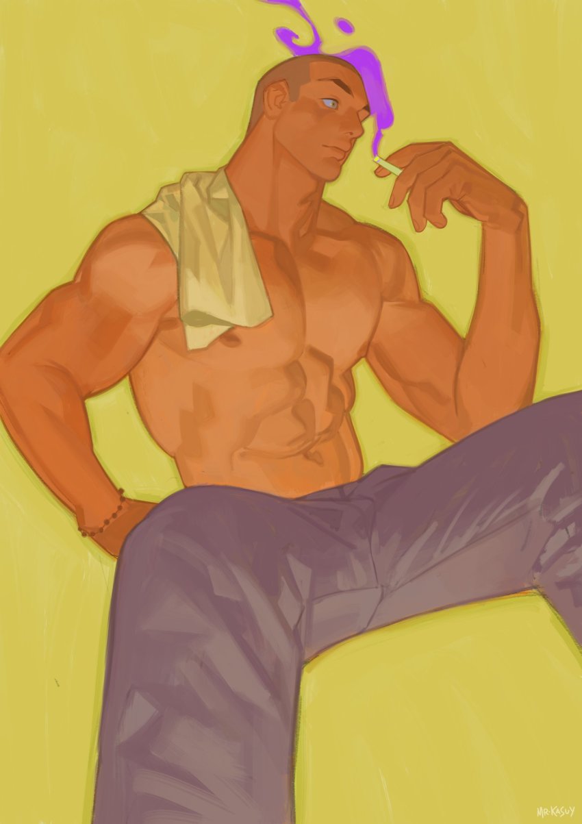 1boy abs bara buzz_cut cigarette dark-skinned_male dark_skin denim highres jeans large_pectorals looking_to_the_side male_focus mature_male mr_kasuy muscular muscular_male navel nipples original pants pectorals shirt short_hair sideburns simple_background solo spread_legs stomach topless_male unworn_shirt very_short_hair