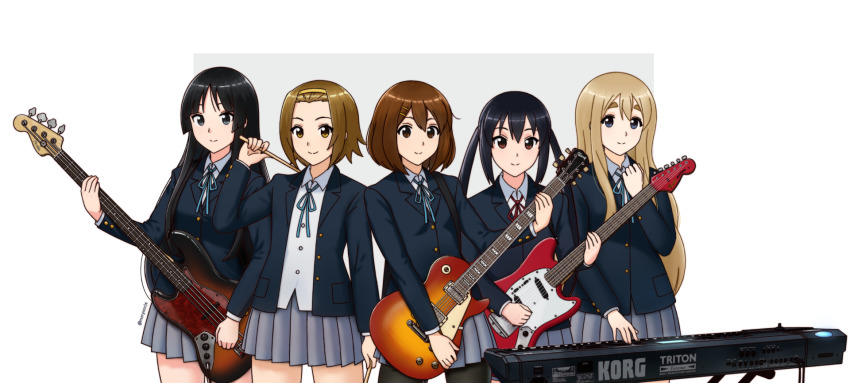 5girls akiyama_mio artist_name bass_guitar black_eyes black_hair black_pantyhose blazer blonde_hair blue_eyes blue_jacket blue_ribbon brown_eyes brown_hair buttoned_cuffs buttons closed_mouth collared_shirt commentary_request drumsticks electric_guitar fender_(company) forehead grey_skirt guitar hair_ornament hairband hairclip highres hirasawa_yui ho-kago_tea_time holding holding_drumsticks holding_instrument instrument jacket k-on! keyboard_(instrument) kotobuki_tsumugi long_hair long_sleeves looking_at_viewer morynocle multiple_girls nakano_azusa neck_ribbon open_clothes open_jacket pantyhose pleated_skirt red_ribbon ribbon sakuragaoka_high_school_uniform school_uniform shirt short_hair sidelocks skirt smile tainaka_ritsu thick_eyebrows twintails twitter_username watermark white_shirt yellow_hairband