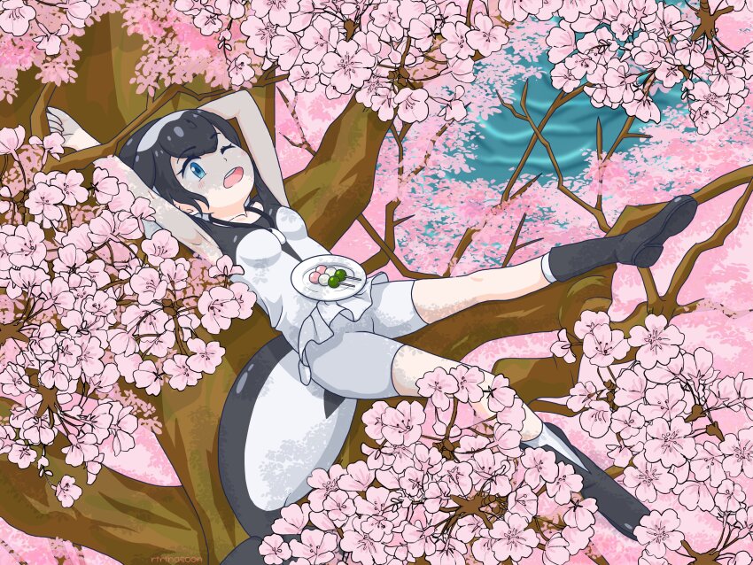 1girl absurdres bare_shoulders black_boots black_hair black_one-piece_swimsuit blowhole blue_eyes boots cetacean_tail cherry_blossoms commerson&#039;s_dolphin_(kemono_friends) dango dolphin_girl dorsal_fin fins fish_tail food frilled_one-piece_swimsuit frills hair_between_eyes head_fins highres jewelry kemono_friends multicolored_hair necklace one-piece_swimsuit one_eye_closed open_mouth plate ririnasoon short_hair sidelocks sleeveless socks solo swimsuit tail two-tone_hair two-tone_one-piece_swimsuit wagashi white_hair white_one-piece_swimsuit white_socks