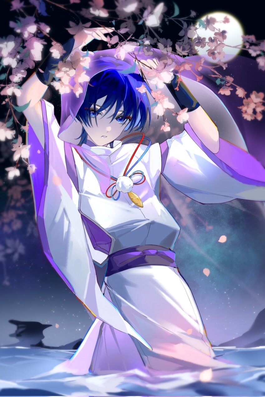 1boy armor arms_up belt black_belt blunt_ends bow cherry_blossoms clothing_cutout cu09291 feathers full_moon genshin_impact highres japanese_armor japanese_clothes kariginu kimono kote kurokote layered_kimono layered_sleeves looking_at_viewer male_focus moon night night_sky open_mouth outdoors pelvic_curtain pink_veil pom_pom_(clothes) purple_bow purple_eyes purple_hair purple_kimono purple_sleeves scaramouche_(genshin_impact) scaramouche_(kabukimono)_(genshin_impact) shoulder_cutout side_cutout sky solo star_(sky) starry_sky string veil wading water white_sleeves wide_sleeves yellow_feathers