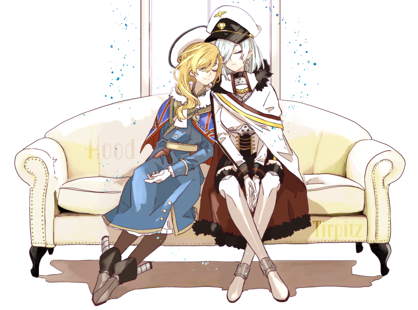 2girls asuka_(junerabitts) azur_lane blonde_hair boots cape character_name closed_eyes couch fur-trimmed_cape fur_collar fur_trim gloves head_on_another&#039;s_shoulder hood_(azur_lane) long_hair military_uniform multiple_girls on_couch sitting sleeping smile tanaka_atsuko thigh_boots tirpitz_(azur_lane) union_jack_print voice_actor_connection white_cape white_footwear white_gloves white_hair