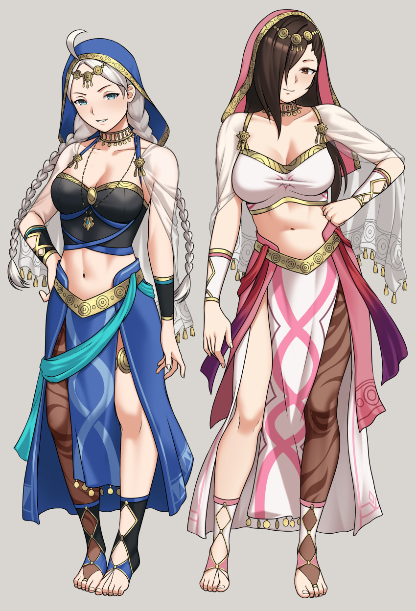 2girls absurdres ahoge azura_(fire_emblem) azura_(fire_emblem)_(cosplay) azura_(hatari)_(fire_emblem) bbk_(13zk) blue_eyes braid breasts brown_eyes brown_hair commission commissioner_upload cosplay crop_top dancer fire_emblem fire_emblem_fates fire_emblem_heroes full_body gold_choker hair_over_one_eye hand_on_own_hip highres kagero_(fire_emblem) large_breasts leanne_(fire_emblem) leanne_(fire_emblem)_(cosplay) leanne_(hatari)_(fire_emblem) long_hair looking_at_viewer low_twin_braids multiple_girls navel nina_(fire_emblem) nintendo non-web_source official_alternate_costume parted_bangs single_leg_pantyhose smile thigh_strap toeless_footwear toeless_legwear toes twin_braids veil white_hair
