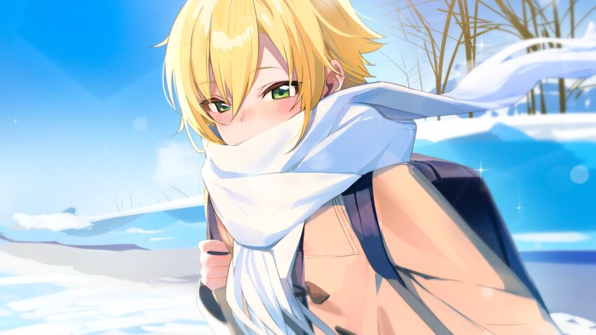 1boy backpack bag bare_tree black_bag blonde_hair blue_sky blush brown_jacket day duffel_jacket fuubuu green_eyes hair_between_eyes highres jacket looking_at_viewer male_focus nijisanji outdoors scarf short_hair sky snow solo tree upper_body uzuki_kou virtual_youtuber white_scarf winter winter_clothes