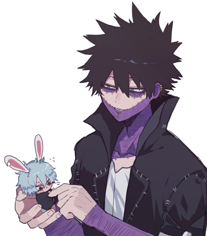 2boys ametaro_(ixxxzu) animal_ears black_hair black_jacket blue_eyes boku_no_hero_academia burn_scar cheek_piercing chibi dabi_(boku_no_hero_academia) face_piercing grey_hair highres jacket male_focus multiple_boys multiple_scars piercing rabbit_boy rabbit_ears rabbit_tail red_eyes scar scar_on_face shigaraki_tomura shirt short_hair simple_background spiked_hair staple stapled tail white_background white_shirt wrinkled_skin