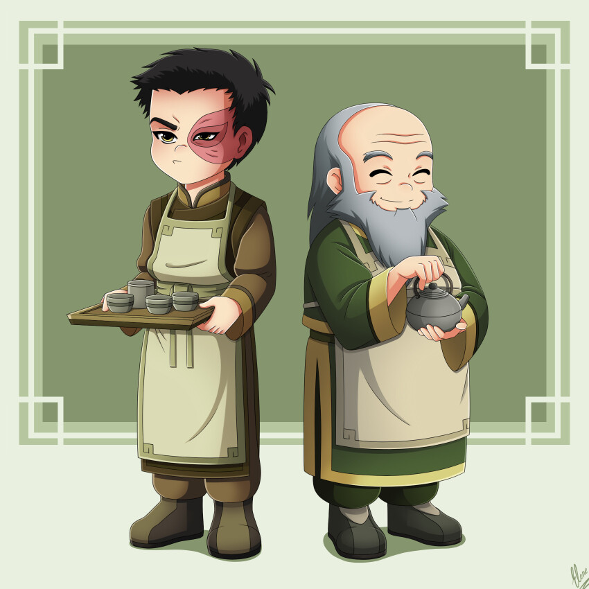 2boys apron avatar:_the_last_airbender avatar_legends balding beard black_hair burn_scar closed_eyes closed_mouth elene7 facial_hair green_background green_theme highres holding iroh male_focus multiple_boys old old_man scar scar_on_face short_hair signature simple_background smile teapot uncle_and_nephew very_short_hair yellow_eyes zuko