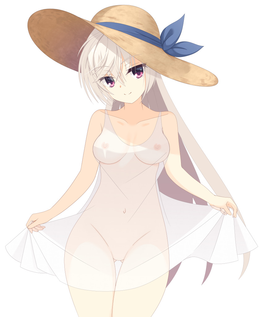 1girl absurdres akizuki_kanna alternate_costume bare_arms blue_ribbon breasts breasts_apart brown_hat cafe_stella_to_shinigami_no_chou closed_mouth collarbone commentary_request commission covered_erect_nipples covered_navel cowboy_shot crossed_bangs curvy dress eyes_visible_through_hair gluteal_fold groin hair_between_eyes hat hat_ribbon highres kaon_zz light_brown_hair long_hair looking_at_viewer medium_breasts nipples no_pussy purple_eyes ribbon see-through_clothes see-through_dress simple_background skeb_commission skirt_hold sleeveless sleeveless_dress smile solo split_mouth straight_hair sun_hat sundress thigh_gap tsurime very_long_hair white_background white_dress