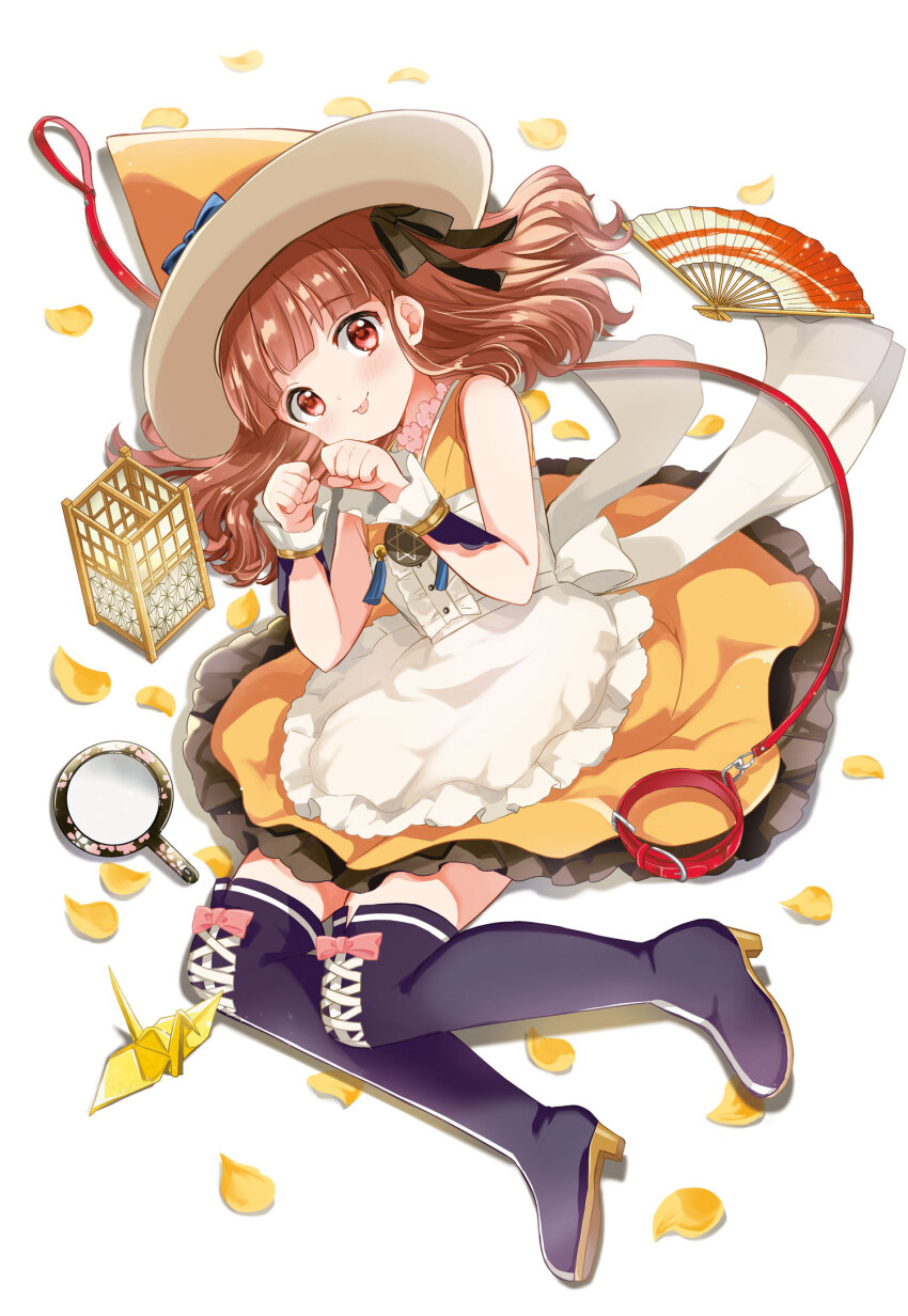 1girl :p apron back_bow bare_shoulders black_ribbon blue_bow blunt_bangs boots bow brown_hair cherry_blossoms dress folding_fan footwear_bow frilled_dress frills full_body hair_ribbon hand_fan hand_mirror hands_up hara_yui hat hat_bow hexagram high_heels highres jewelry lace-up_boots leash light_blush looking_at_viewer lying majo_wa_mangetsu_ni_saku medium_hair mirror nanami_umeko necklace official_art on_side orange_dress orange_hat origami paper_crane paw_pose petals pink_bow purple_boots red_eyes ribbon simple_background sleeveless sleeveless_dress solo star_of_david tassel thigh_boots tongue tongue_out white_apron white_background white_bow witch_hat wrist_cuffs yellow_petals