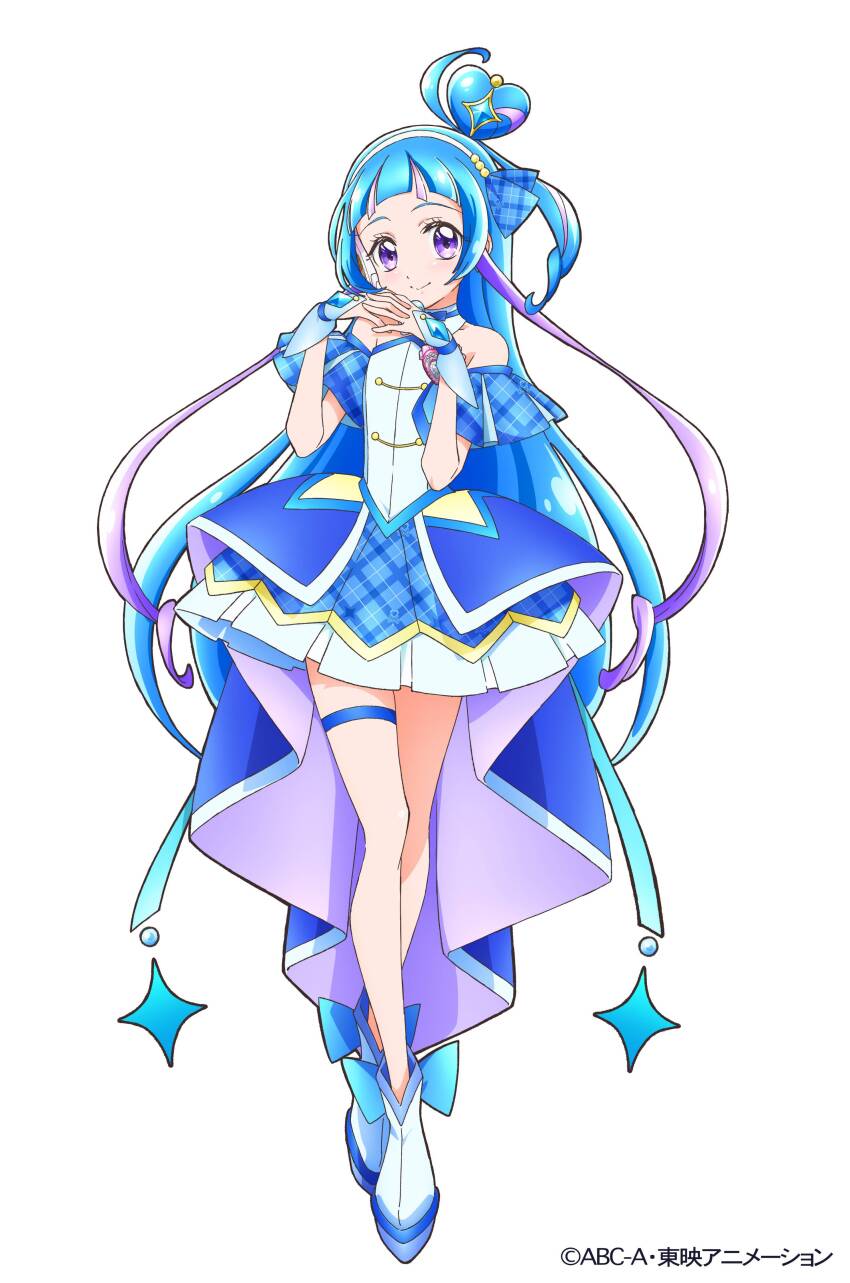 1girl absurdres aokaze_nana bare_shoulders blue_dress blue_hair boots closed_mouth copyright_notice crossed_ankles cure_wink detached_collar detached_sleeves dress full_body hair_bun hands_up heart heart-shaped_hair highres idol_heart_brooch_(precure) interlocked_fingers kimi_to_idol_precure long_hair looking_at_viewer magical_girl multicolored_hair official_art own_hands_together pleated_dress precure purple_eyes second-party_source short_dress simple_background smile solo sparkle standing thigh_strap white_background white_boots wrist_cuffs