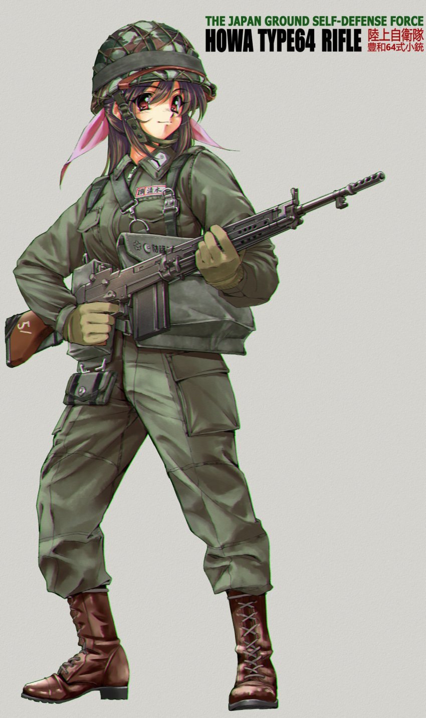 1girl battle_rifle cold_war gun helmet highres howa_(firearms_company) howa_type_64 japan_ground_self-defense_force japan_self-defense_force longmei_er_de_tuzi military military_combat_uniform military_uniform original retro_artstyle rifle simple_background soldier weapon