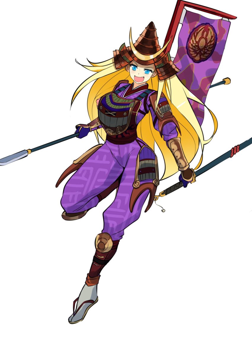armor blonde_hair blue_eyes flag highres holding holding_polearm holding_weapon japanese_armor japanese_clothes japanese_flag k0debreaker name_connection polearm senran_kagura senran_kagura_new_wave soul_calibur spear weapon yoshimitsu_(namco) yoshimitsu_(senran_kagura)
