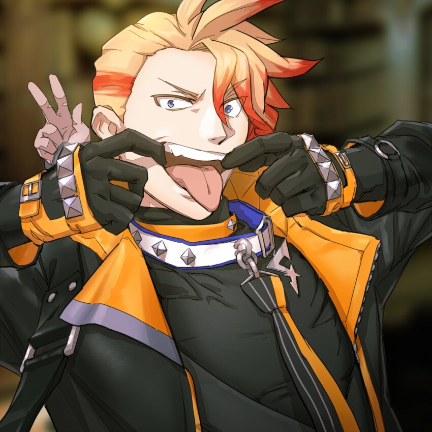 1boy asymmetrical_bangs axel_syrios black_gloves black_jacket black_shirt blonde_hair blue_background blue_collar blue_eyes braid collar commentary english_commentary finger_in_own_mouth gloves gokotan hair_between_eyes highres holostars holostars_english jacket lapels leash looking_at_viewer male_focus mouth_pull multicolored_hair notched_lapels official_art open_clothes open_jacket orange_collar out_of_frame red_hair shirt short_hair side_braid solo_focus streaked_hair teeth tongue tongue_out turtleneck two-sided_fabric two-sided_jacket uneven_eyes upper_body upper_teeth_only virtual_youtuber w