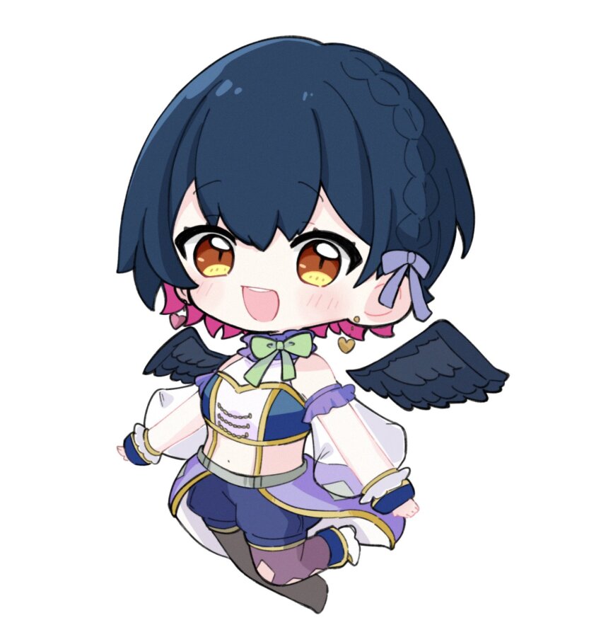 1girl :d asymmetrical_legwear black_hair black_pantyhose black_wings blue_shorts blush boots bow braid brown_eyes chibi commentary detached_sleeves detached_wings earrings feathered_wings fold-over_boots full_body hair_bow heart heart_earrings highres jewelry long_sleeves looking_at_viewer mismatched_legwear nijisanji no_shoes nozo_(hitomiz) open_mouth pantyhose pantyhose_under_shorts puffy_long_sleeves puffy_shorts puffy_sleeves purple_bow purple_hair purple_pantyhose see-through_clothes see-through_sleeves shorts simple_background single_boot sleeves_past_wrists smile solo stud_earrings teeth two-tone_background upper_teeth_only virtual_youtuber white_background white_boots wings yamagami_karuta