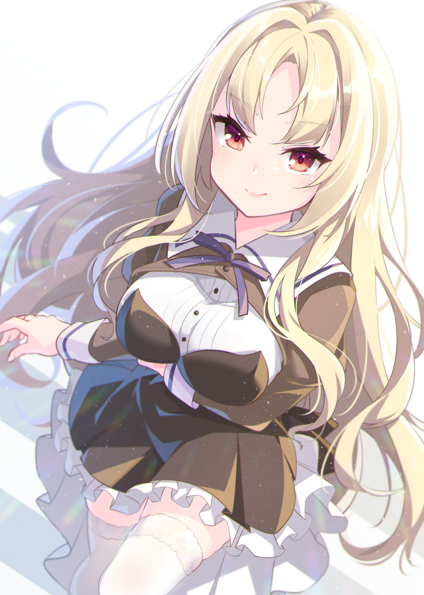 1girl arm_at_side arm_under_breasts assault_lily blonde_hair blurry breasts brown_dress brown_jacket buttons closed_mouth commentary cropped_jacket depth_of_field dress feet_out_of_frame frilled_dress frills grey_background hair_intakes high-low_dress high-low_skirt highres jacket jewelry leg_up lens_flare light_blush light_particles long_hair long_sleeves looking_at_viewer medium_breasts moroi_saho morugen neck_ribbon pleated_dress purple_ribbon red_eyes ribbon ring school_uniform shirt sidelocks smile solo standing strapless strapless_dress thighhighs two-tone_background very_long_hair wavy_hair white_background white_shirt white_thighhighs zettai_ryouiki