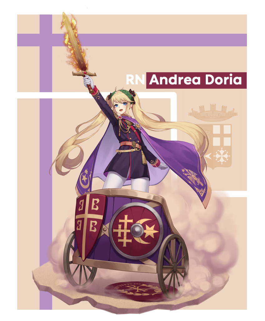 1girl absurdres alternate_costume andrea_doria_(warship_girls_r) blonde_hair blue_eyes cape character_name chariot commentary_request fire flaming_sword flaming_weapon gloves highres holding holding_sword holding_weapon looking_at_viewer military_uniform open_mouth pantyhose smoke solo standing super_hellrat sword twintails warship_girls_r weapon