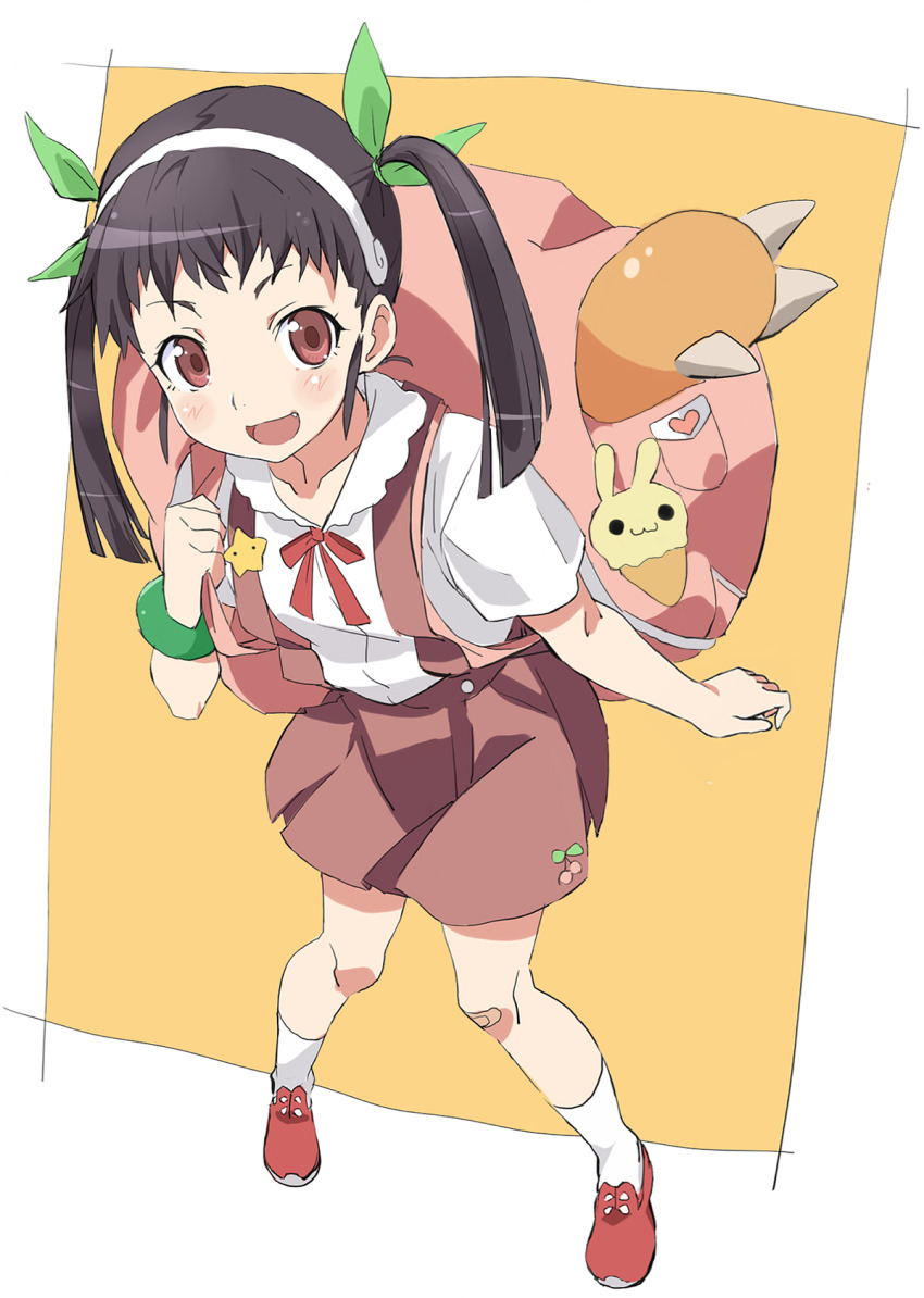 1girl :d backpack bag bandaid bandaid_on_knee bandaid_on_leg black_hair blush brown_eyes brown_skirt cherry_print dress dress_shirt fang food_print from_above fruit_print full_body green_ribbon hachikuji_mayoi hair_ribbon hairband hibimegane highres long_hair looking_at_viewer monogatari_(series) open_mouth pink_bag pleated_skirt print_skirt red_shoes ribbon shirt shoes short_sleeves skirt smile socks solo standing suspender_skirt suspenders twintails white_hairband white_shirt white_socks