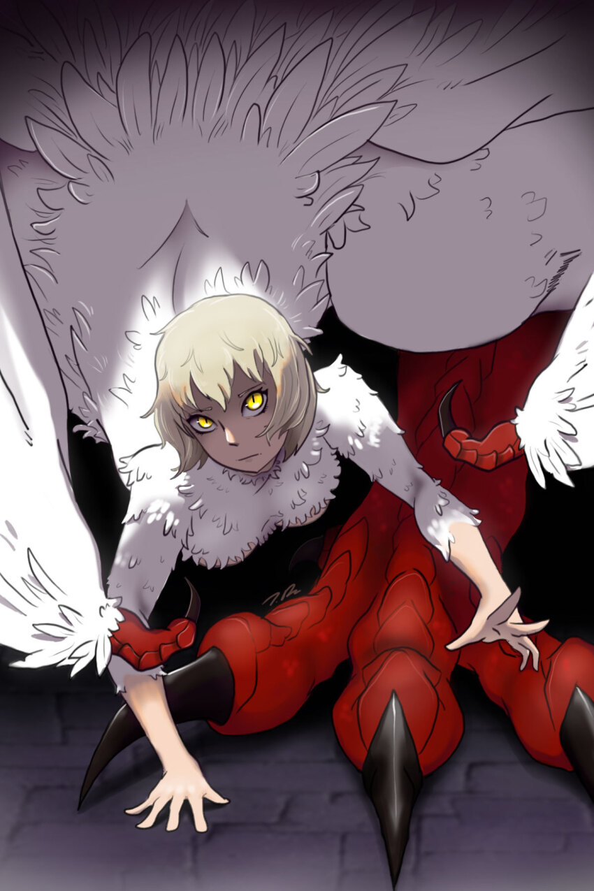 1girl black_background blonde_hair centauroid chimera clawed_wings close-up dragon_girl dungeon_meshi expressionless facing_viewer falin_touden falin_touden_(chimera) feathered_wings feathers glowing glowing_eyes highres imminent_pounce joselyn565 looking_at_viewer monster_girl red_scales solo staring taur white_feathers white_wings wings yellow_eyes