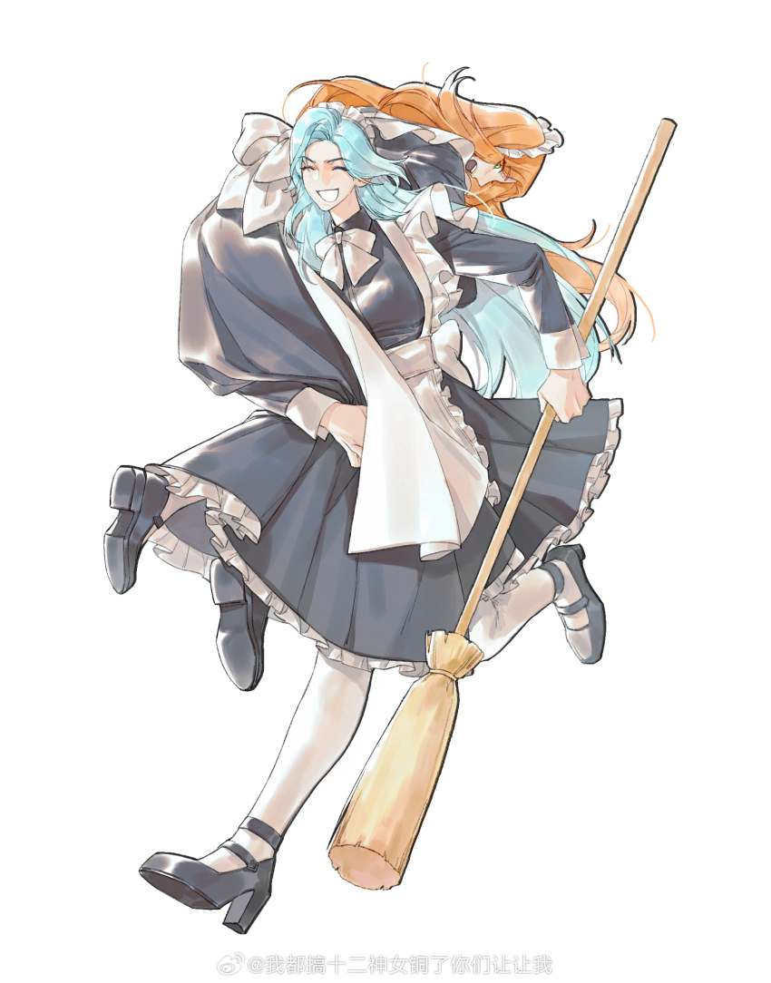 2girls ^_^ alternate_costume apron back_bow black_dress black_footwear blue_hair bow bowtie broom carrying carrying_over_shoulder carrying_person closed_eyes dress enmaided final_fantasy final_fantasy_xiv frilled_apron frills full_body green_eyes grin highres holding holding_broom llymlaen long_hair maid maid_apron maid_headdress mary_janes multiple_girls nophica open_mouth orange_hair pantyhose running shoes simple_background smile waist_apron watermark weibo_watermark white_apron white_background white_bow white_bowtie white_pantyhose wo_dou_gao_shi&#039;er_shennu